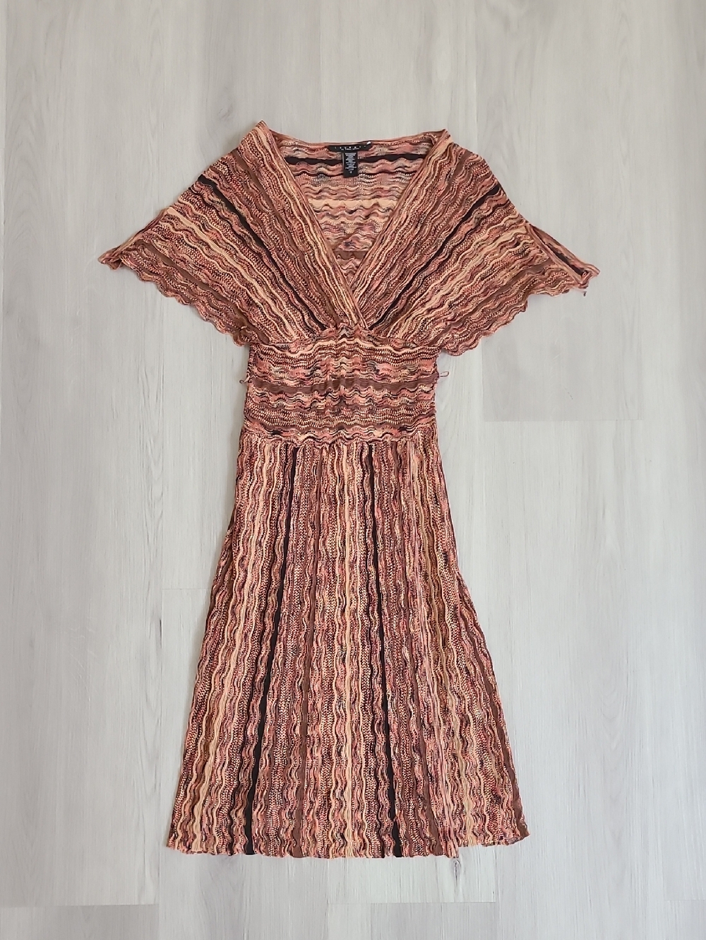 Laundry By Shelli Segal Rust Peach Wave-Textured Midi Dress Lined Whimsy Boho